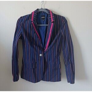 XOXO Womens Lined Striped Long Sleeve Navy Pink Blazer Size S